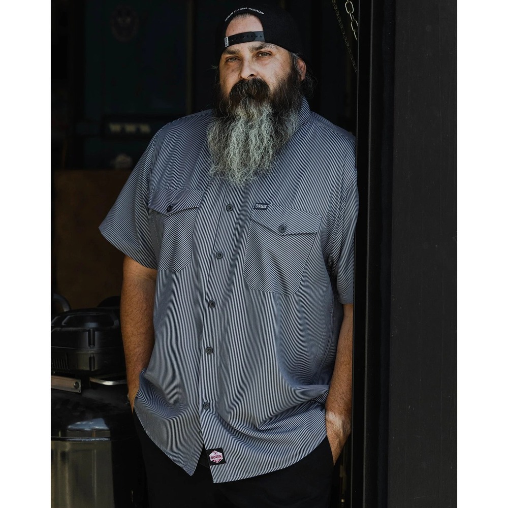 Dixxon Short Sleeve Button Up Men Large Navy Grey Pinstripe Workwear Shirt